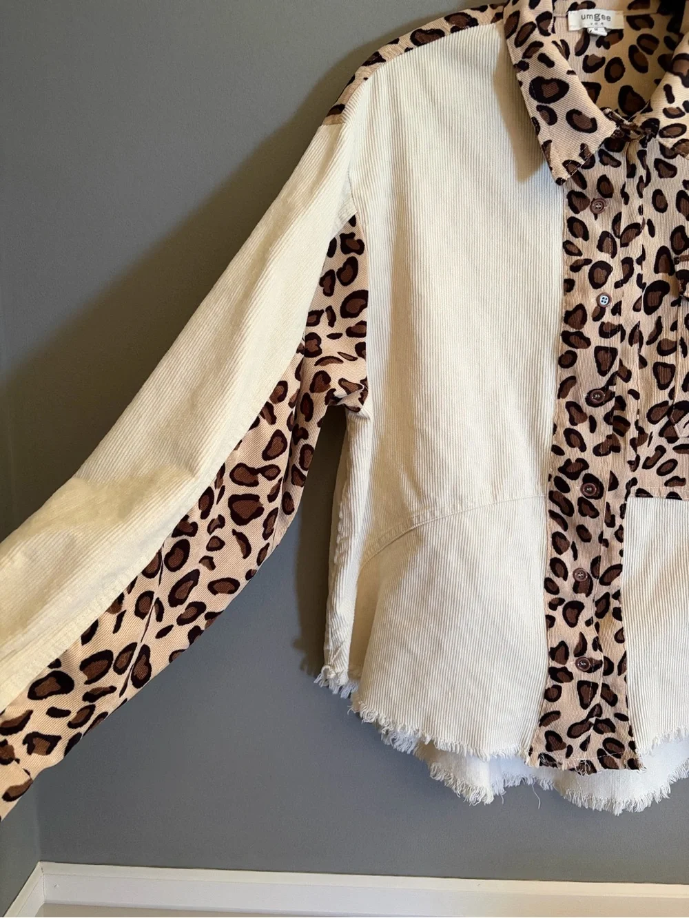 Umgee Leopard & Cream Patchwork Corduroy Shacket Raw Hem Oversized Western Boho - Picture 2 of 12